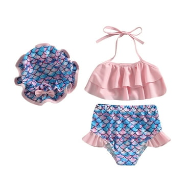 Infant Baby Girls Bathing Suit Set, Toddler Flower Halter Neck Tops Bottoms and Sun Hat Bikini Swimsuit Outfit