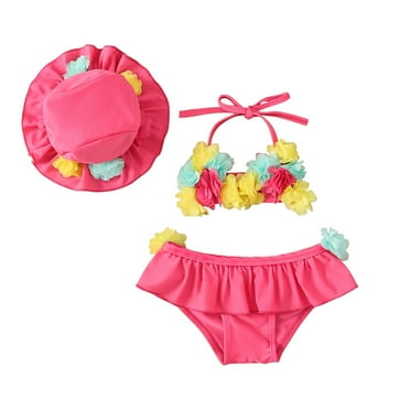 Infant Baby Girls Bathing Suit Set, Toddler Flower Halter Neck Tops Bottoms and Sun Hat Bikini Swimsuit Outfit