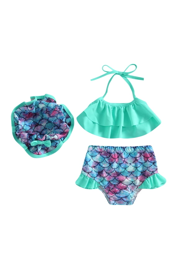 Infant Baby Girls Bikini Swimsuit Newborn Girls Sleeveless Sling Tank Top+ Graphic Print Beach Shorts +Round Hat Swimwears 3Pcs 0-24M