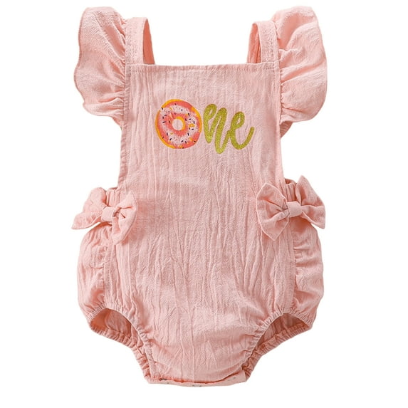 Infant Baby Girls Birthday Romper Cute Ruffle Sleeveless Doughnut Letter Print Bodysuit