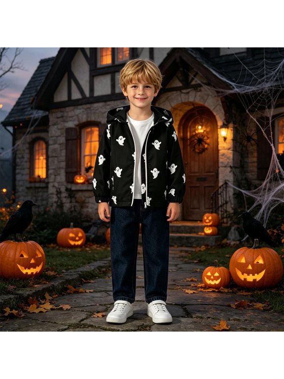 Infant Baby Girls Boys Jacket Halloween Ghost Print Windbreaker Long Sleeve Zip Up Warm Cozy Windproof Classic Outerwear Lightweight Coat 18-24M