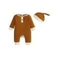thumbnail image 1 of Infant Baby Girls Boys Rompers Patchwork Crew Neck Long Sleeve Jumpsuits Bodysuits with Hat, 1 of 7
