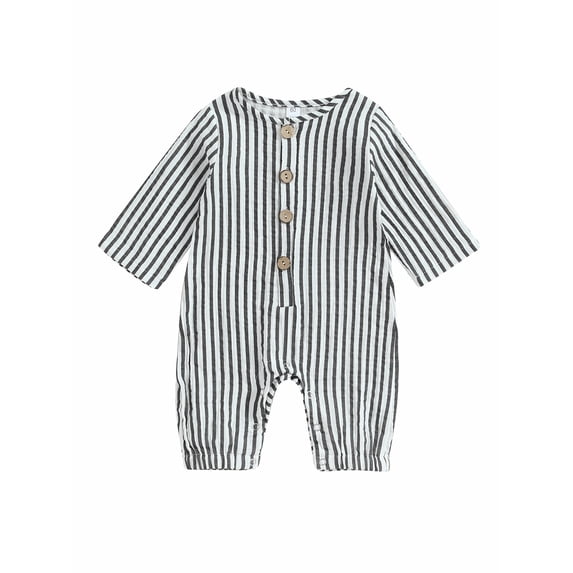 Infant Baby Girls Boys Rompers Stripe Buttons Crew Neck Long Sleeve Jumpsuits Fall Bodysuits