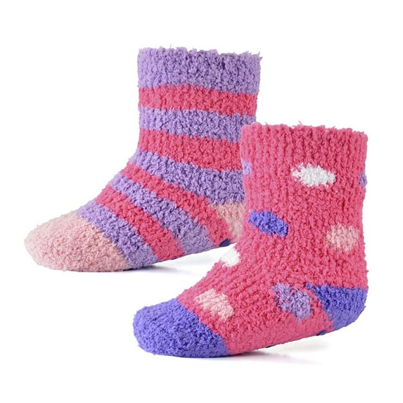 Infant Baby Girls Boys Slipper Fluffy Socks With Gripper - Socks AZ848 Pink 2 Pack 6-12 M
