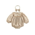 thumbnail image 1 of Infant Baby Girls Bubble Romper Plaid Lantern Long Sleeve Bodysuit Smocked One-Piece Clothes with Headband Set Fall Outfits, 1 of 8