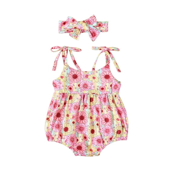 Infant Baby Girls Cami Jumpsuit Floral Print Tie-Up Sleeveless Romper with Bow Headband