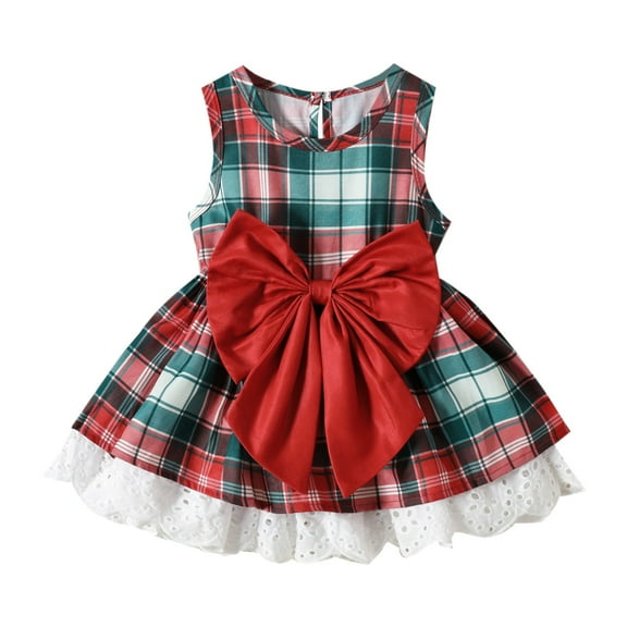 Infant Baby Girls Christmas Dresses Sleeveless Plaid Prints Ruffles Dance Party Clothes Dress Size 6-12 Months