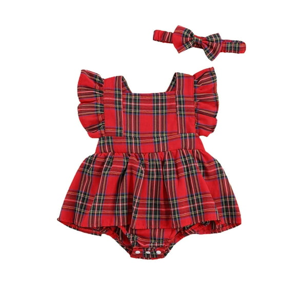 Infant Baby Girls Christmas Outfit Red Plaid Romper Dress Newborn Baby Ruffle Sleeve One Piece Bodysuit Dress Holiday Clothes