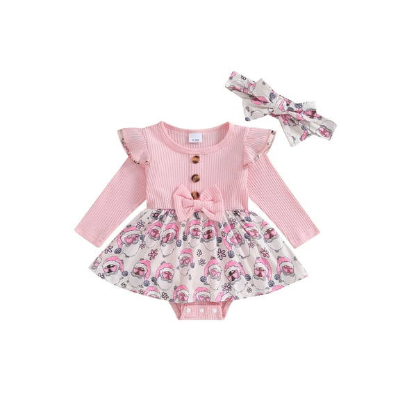 Infant Baby Girls Christmas Romper Dress Santa Print Long Sleeve Bowknot Front Jumpsuit with Bow Headband