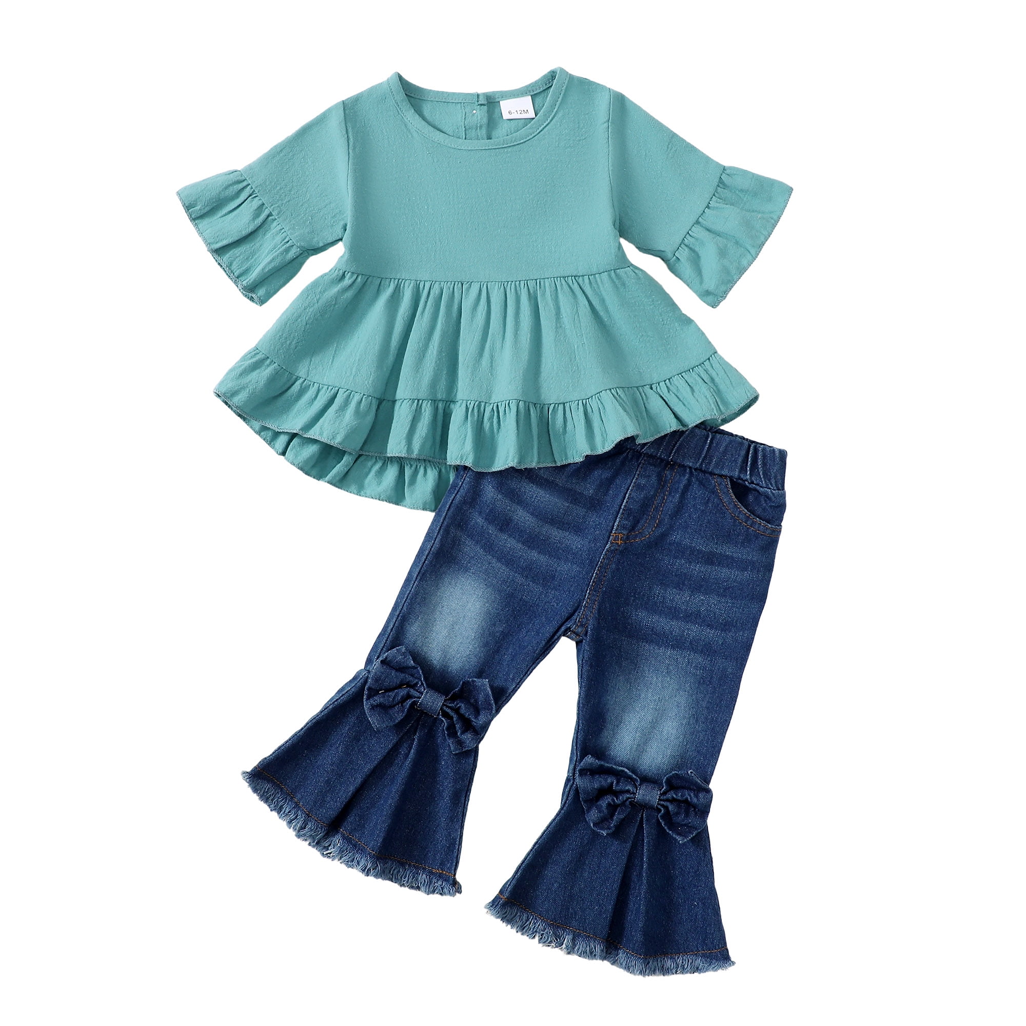 Infant Baby Girls Clothes 6 Months Girls Outfits 12 Months Girls Short Sleeve Round Neckline Top Jeans Pants 2PCS Girls Clothing Set Green