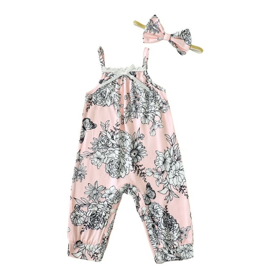 Infant Baby Girls Clothes 9 Months Girls Romper 12 Months Girls Sleeveless Suspender Bodysuit with Headband Pink