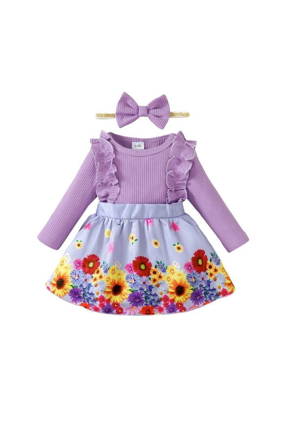 Infant Baby Girls Clothes Baby Girls Dress 6-12 Months Girls Long Sleeve Sunflower Print Floral Dress Headband 2PCS Set Purple