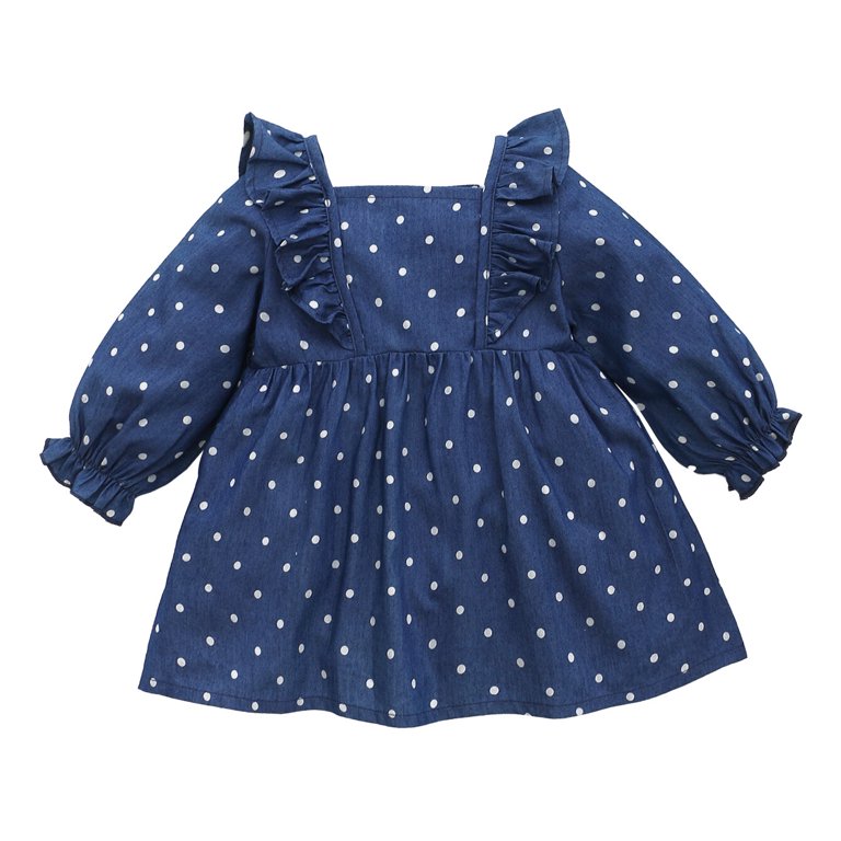 Infant Baby Girls Clothes Baby Girls Dress Ruffle Long Sleeve Square Neckline Dress Polka Dots Dress Blue 6 9 Months