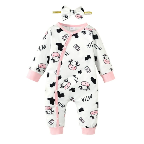 Infant Baby Girls Clothes Baby Girls One-piece Romper Long Sleeve Milk Print Romper Bodysuit Headband Set Pink 6-9 Months