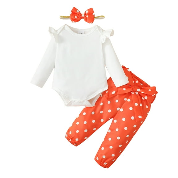 Infant Baby Girls Clothes Baby Girls Outfits Long Sleeve Romper Top Polka Dots Pants Headband 3PCS Girls Fall Winter Clothing Set White 6-12 Months