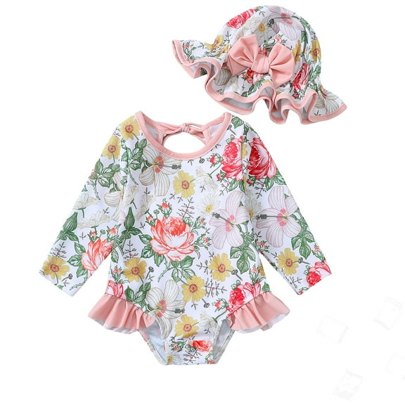 Infant Baby Girls Clothes Baby Girls Swimsuit Infant Girls Long Sleeve One-piece Floral Swimwear with Hat Pink 6-12 Months