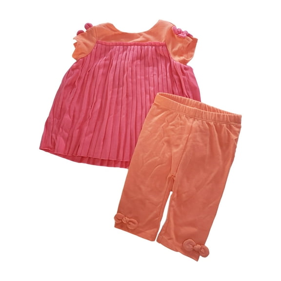 Infant Baby Girls Coral Pink Pleated Bow Dress & Leggings 2 Pc Outfit Set 3-6M