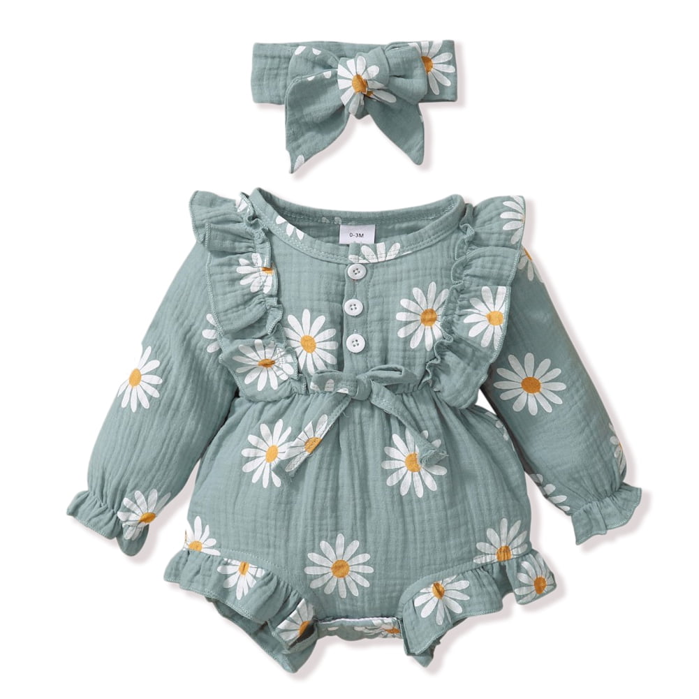 Newborn Baby Girl Daisy Romper 2-Pack - Ruffled Sleeve Floral Jumpsuit With Headband