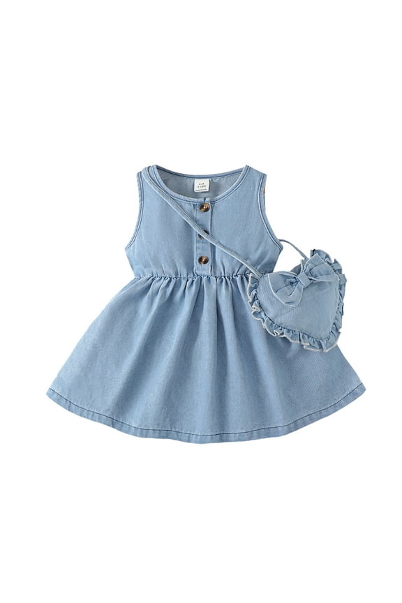 Infant Baby Girls Denim Dress 9 Months Girls Dress 12 Months Girls Sleeveless Round Neckline Solid Color Dress with Bag Blue