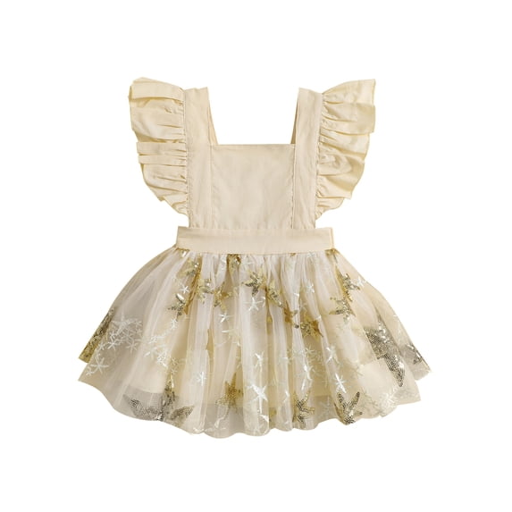 Infant Baby Girls Dress Sequins Stars Square Neck Fly Sleeve Tie-Up Backless Dress Summer Casual Layered Tulle Dress