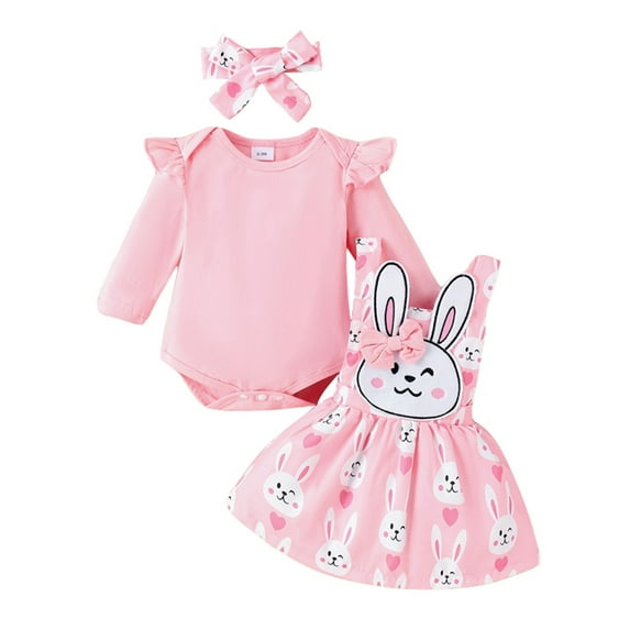 Infant Baby Girls Easter Outfit, Long Sleeve Romper with Cartoon Rabbit Overall Dress Headband