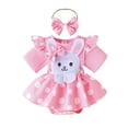 thumbnail image 1 of Infant Baby Girls Easter Romper Dress Short Sleeve Round Neck Bunny Embroidery Dot Print Jumpsuit with Bow Headband, 1 of 7