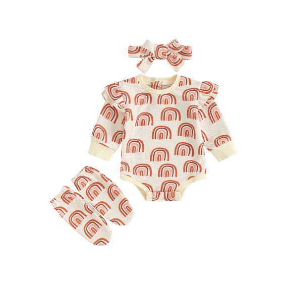 Infant Baby Girls Fall 3Piece Outfits Rainbow Print Long Sleeves Romper and Cute Headband Socks Set