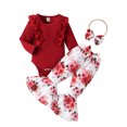 thumbnail image 1 of Infant Baby Girls Fall Clothes Solid Ribbed Long Sleeve Romper Flower Pattern Flare Pants Bow Headband Outfit, 1 of 8