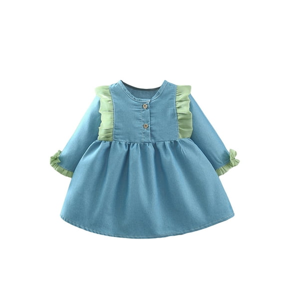 Infant Baby Girls Fall Dress Denim Frills Patchwork Buttons Crew Neck Long Sleeve Princess Dress
