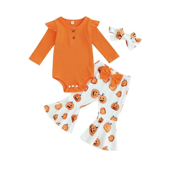 Infant Baby Girls Fall Halloween Outfit, Long Sleeve Romper with Pumpkin/Ghost Print Flare Pants and Headband