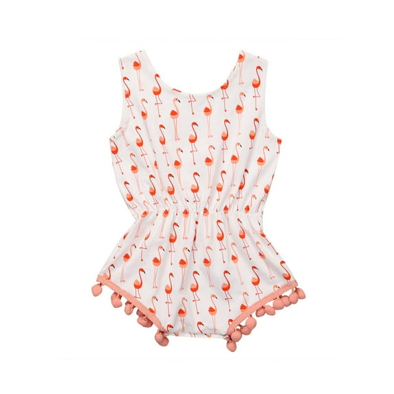 Infant Baby Girls Flamingos Sleeveless Cotton Pom Pom Romper (100/12-18 Months)