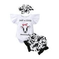 thumbnail image 1 of Infant Baby Girls Fly Sleeve Letter Printed Romper Tops+Printed Ruffled Shorts+Headband, 1 of 9