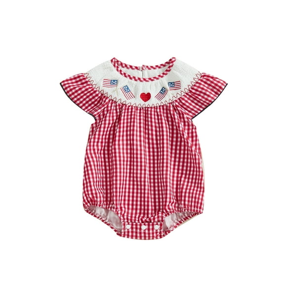 Infant Baby Girls Fourth of July Outfit Plaid Bubble Romper Fly Sleeve American Flag Embroidery Bodysuit Summer Clothes