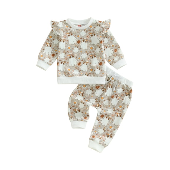 Infant Baby Girls Halloween Outfit Ghost Flower Long Sleeve Ruffle Sweatshirt Casual Pants Set Fall Clothes 0-3T