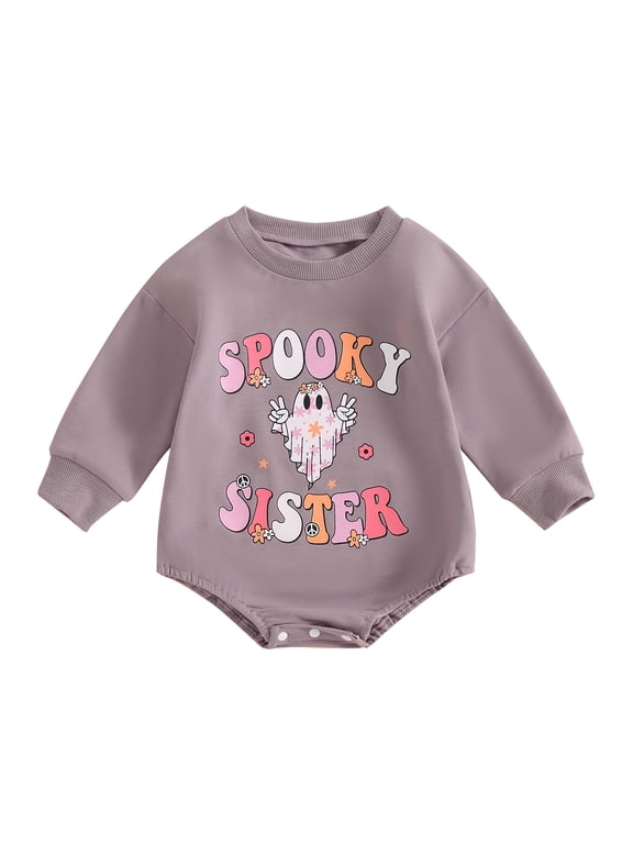 Infant Baby Girls Halloween Outfits Ghost Letter Long Sleeve Sweatshirt Romper Bodysuit Fall Holiday Clothes 0-24M