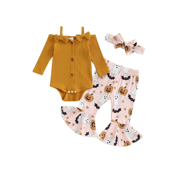 Infant Baby Girls Halloween Outfits Long Sleeve Bow Cami Romper Pumpkin Flare Pants Set Hairband Cute Fall Clothes