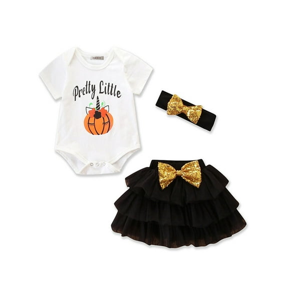 Infant Baby Girls Halloween Pretty Little Pumpkin Romper and Tutu Skirt with Headband 3pcs Set (80/6-12 Months, Black)