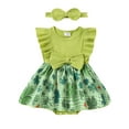 thumbnail image 1 of Infant Baby Girls Irish Day Outfits Clover Print Ribbed Romper Dress and Headband Set, 1 of 9