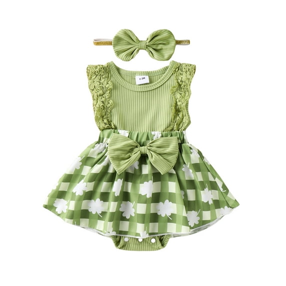 Infant Baby Girls Irish Romper Dress Lace Sleeve Four Leaf Clover Plaid Print Patchwork Romper with Headband
