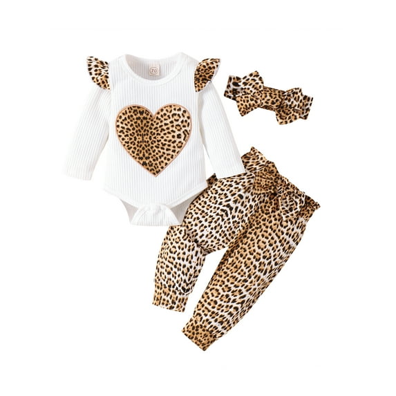 Infant Baby Girls Jumpsuits Set Heart Leopard Print Long Sleeves Romper and Casual Pants Headband Outfit