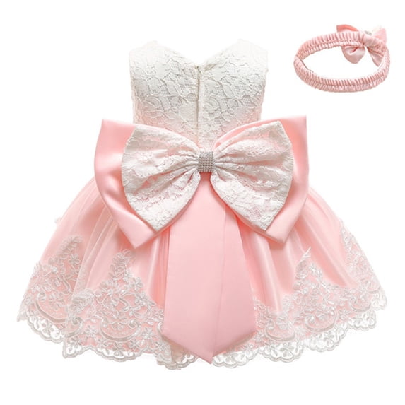 Infant Baby Girls Lace Bow Ball Gown with Headband Set 0-3 Months