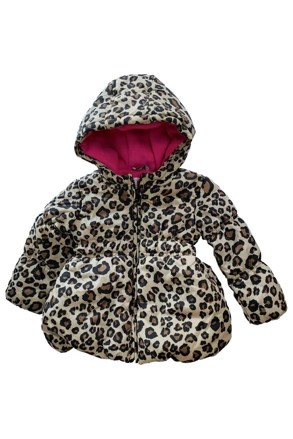 Infant Baby Girls Leopard Print Pink Fleece Lined Hooded Puffy Coat 18-24 Months