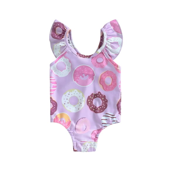 Infant Baby Girls One Piece Swimsuit Sleeveless Ruffle Cartoon Donut Print Bathing Suit Summer Beachwear 3-24M