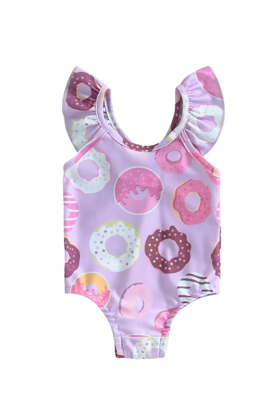 Infant Baby Girls One Piece Swimsuit Sleeveless Ruffle Cartoon Donut Print Bathing Suit Summer Beachwear 3-24M