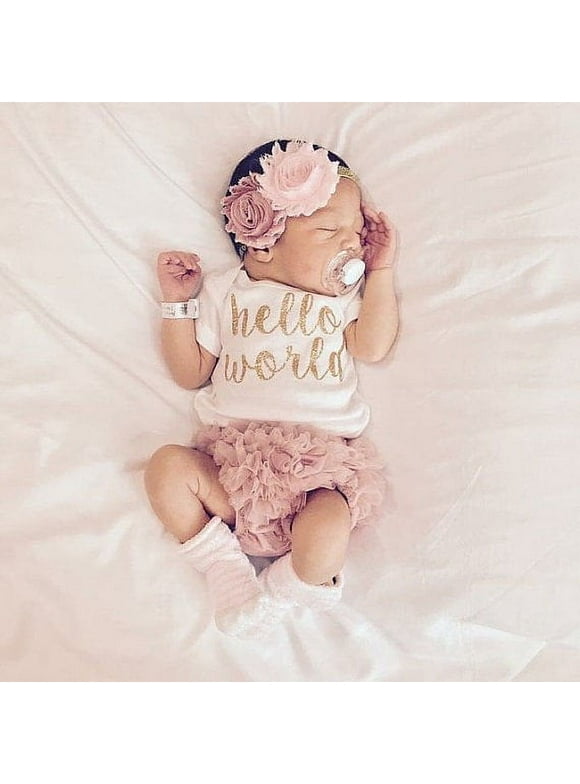 Infant Baby Girls Outfits Clothes Hello World T-shirt Tops+Tutu Dress Skirt 3PCS Sets