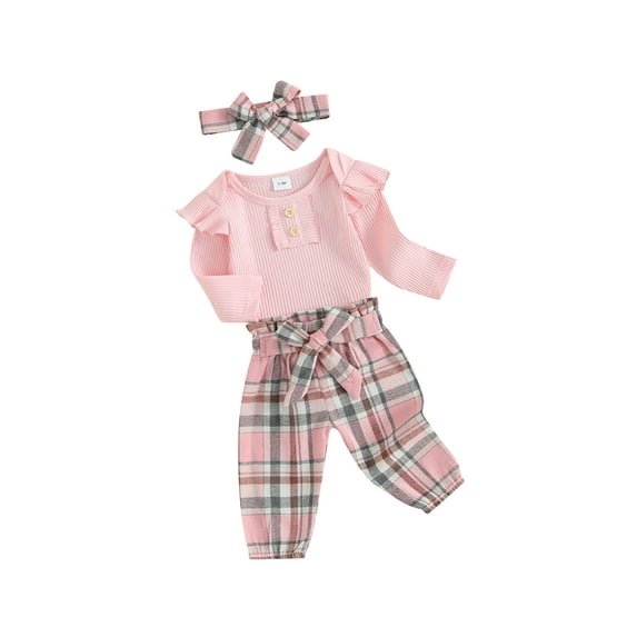 Infant Baby Girls Outfits Solid Color Crew Neck Buttons Long Sleeve Rompers Plaid Long Pants Headband Set