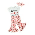 thumbnail image 1 of Infant Baby Girls Pants Outfits Letter Print Short Sleeve Romper with Strawberry Pattern Flare Trousers and Heaband Set, 1 of 8