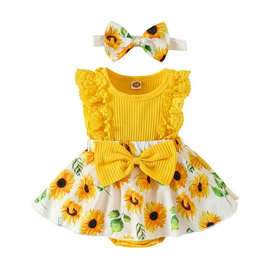 Infant Baby Girls Patchwork Jumpsuit, Flower Print Lace Sleeveless Round Neck Front Bowknot Romper + Headband