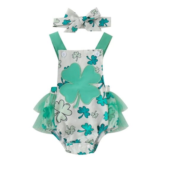 Infant Baby Girls Romper Bodysuit and Headband Shamrock Print Sleeveless Mesh Ruffles Jumpsuit Ireland Festival Clothes