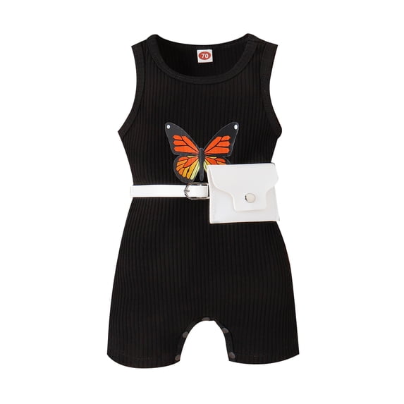 Infant Baby Girls Romper Butterfly Print Crew Neck Sleeveless Ribbed Summer Jumpsuits Newborn Bodysuits with Waist Bag
